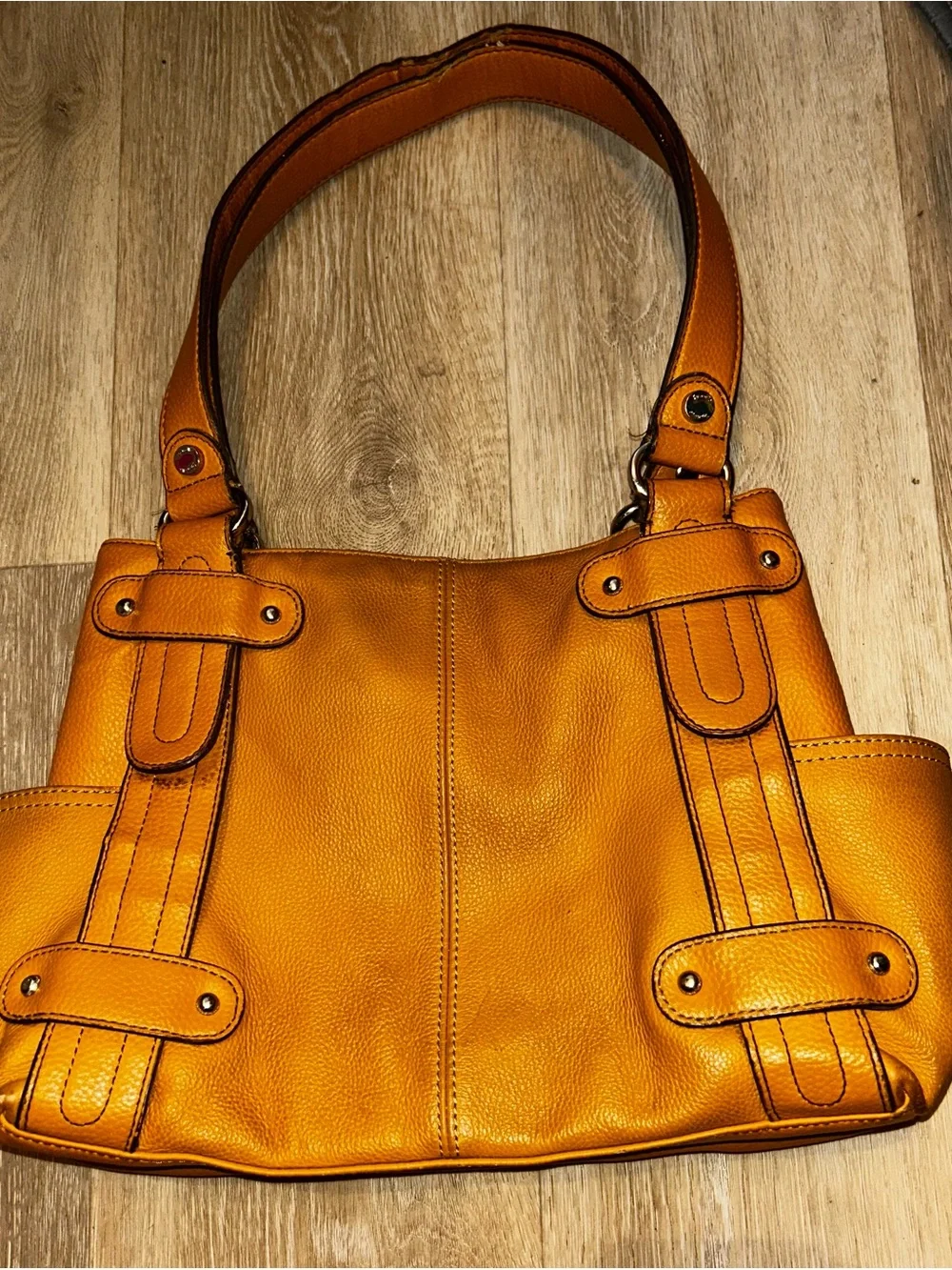 Tignanello Perfect 10 Mustard Yellow Pebbled Leather Studded Shoulder Bag Hobo
